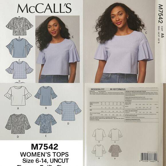 McCall's Other - McCalls 7542 Sewing Pattern Shirts Flounce Ruffle Sleeve Options Sz 6-14 UNCUT